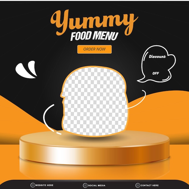 Banner di modello di post sui social media quadrato sconto vendita menu cibo con spazio di copia podio 3d con disegno di sfondo nero e arancione sfumato astratto