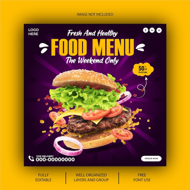 A food menu that is on a purple background