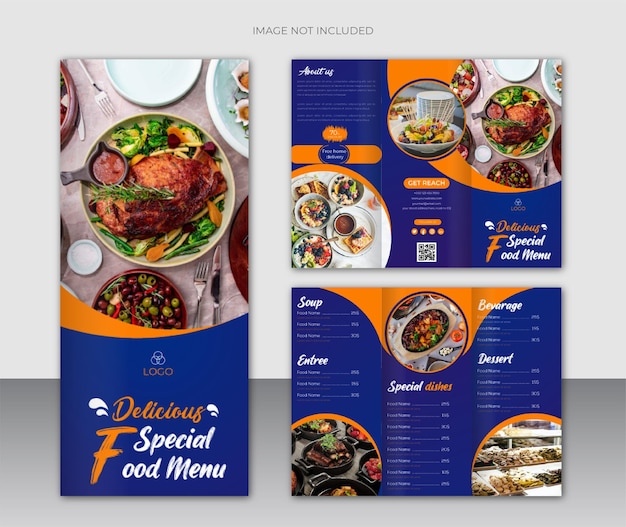 food menu and trifold brochure design template for restaurant with blue and orange color