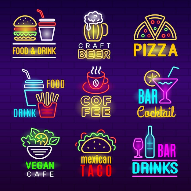 Vector food neon icon. beer drinks light advertising emblem pizza craft products  set.