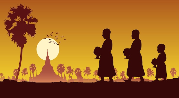 Vector food offering to a monk or ask as a favour receive food or ask for alms