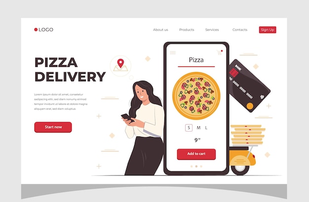 Food online order smartphone Pizza delivery Girl ordering pizza online and paying with card