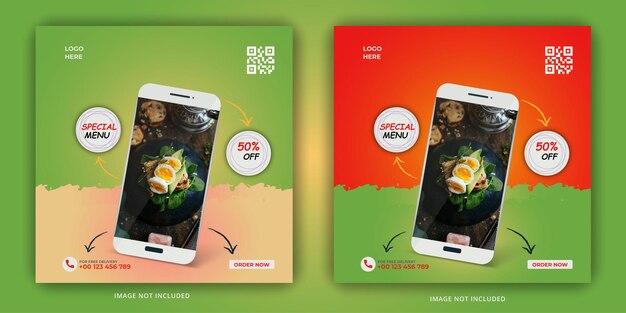 Vector food online promotion with mobile square banner for social media post