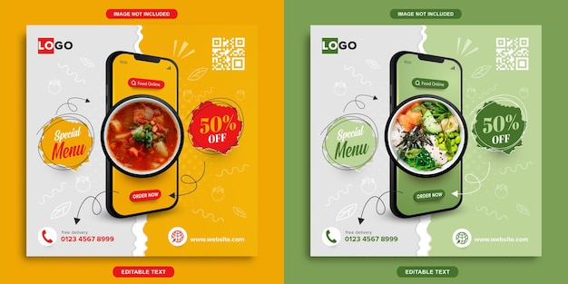 Vector food online special menu promotion square banner template for social media post