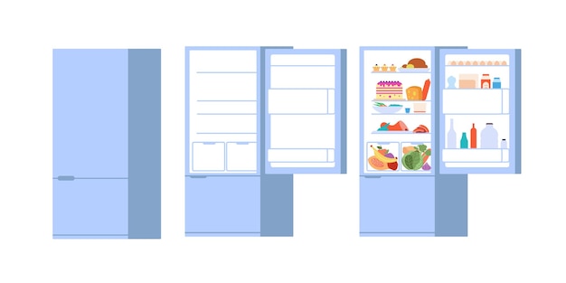 식품 오픈 냉장고. 닫힌 열린 냉장고, 문이 있는 평평하고 비어 있는 식품 보관소. 격리 된 부엌 냉동고 벡터 일러스트 레이 션. 음식이 있는 냉장고 문, 주방 기기가 열리고 닫힙니다.