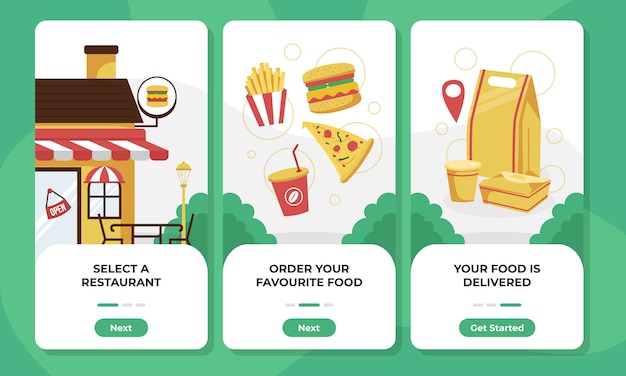 food order and delivery onboarding screens