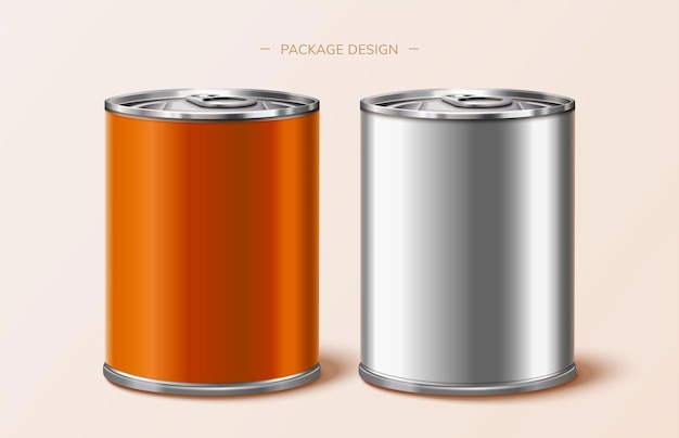 Confezione di alimenti in latta design in arancione e argento, illustrazione 3d