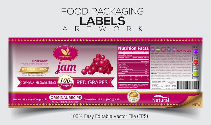 Vector food packaging label artwork jam label design with grape red