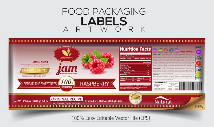 Vector food packaging label artwork jam label design with raspberry