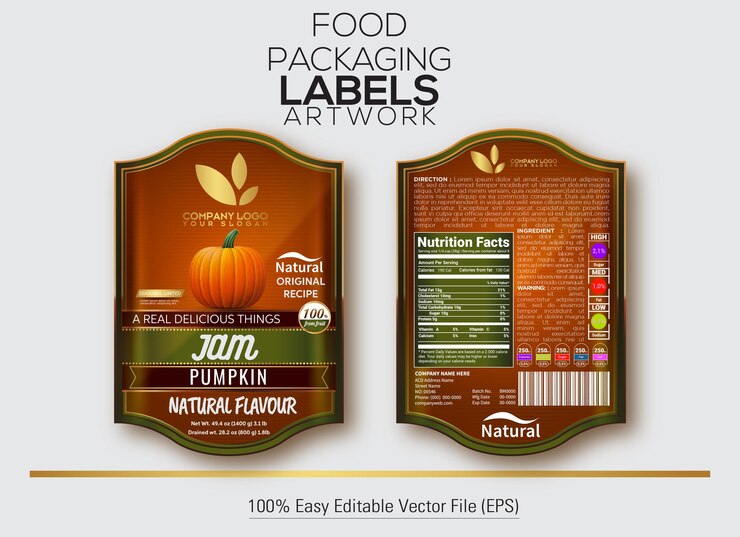 Vector food packaging label jam jar sticker design met pompoen