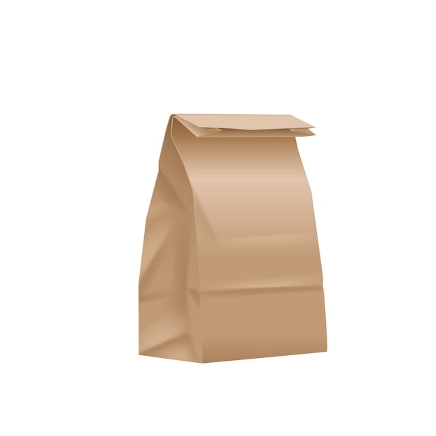 Vector food paper bag package 3d mockup template isolated realistic brown paper bag pouch folded for takeaway bakery grocery store or shop and fast food package vector illustration