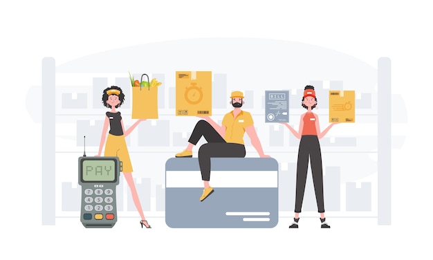 food and parcel delivery people team home delivery concept finished banner trendy style vector