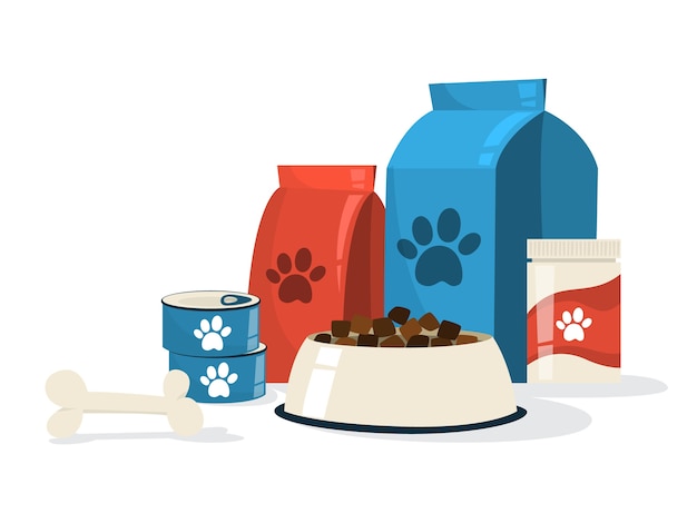 Vector food for pet. dog bowl and package