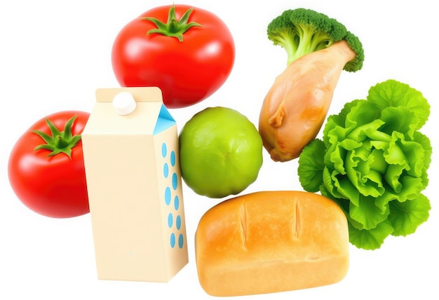 Food photography overhead view isolated ingredients sandwich components fresh ripe tomato milk