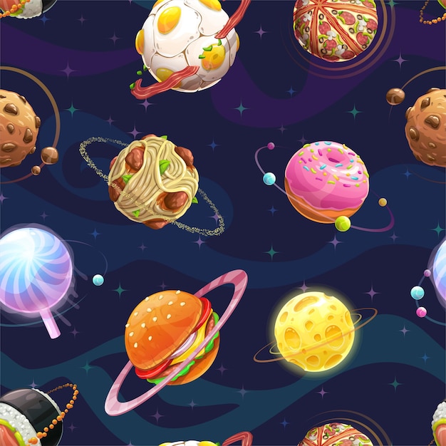 Vector food planet galaxy concept fantasy planets set on cosmic background