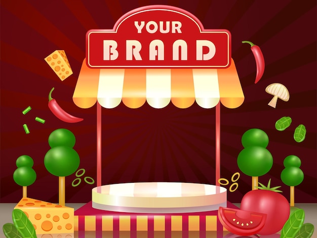 Food podium with shop roof 3d vector mushroom tomato chili and cheese Perfect for pizza barbecue and burgers