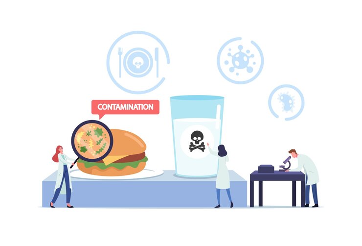 Vector food poisoning, contaminated products concept. tiny doctors characters with huge magnifier and microscope research infected ingredients and water in laboratory. cartoon people vector illustration
