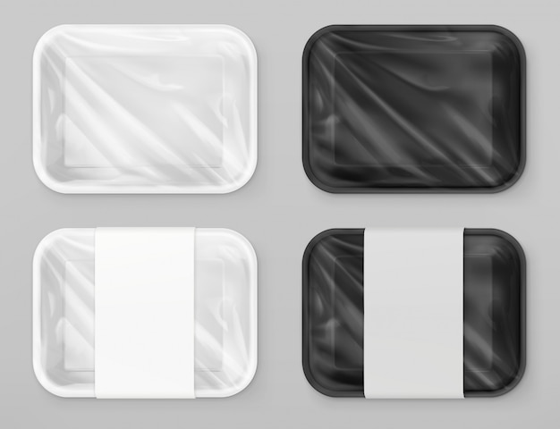 ベクトル 食品ポリスチレン包装、白と黒。 3 dベクトルの現実的なモックアップ