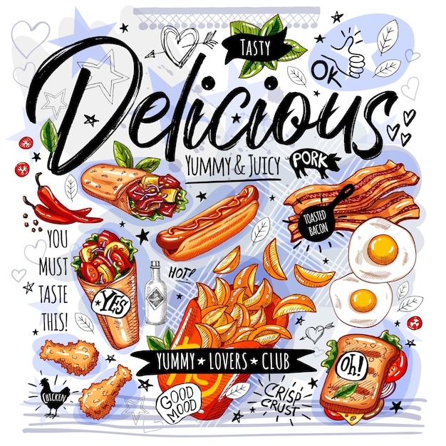 ベクトル 食品ポスター広告ファーストフード セット メニュー ハンバーガー ピザ スライス サンドイッチ チキン フライド ポテト ホットドッグ グリル バーベキュー