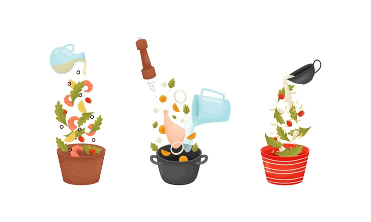 Vector food preparation with floating salad ingredients dressing in bowl and soup cooking vector set