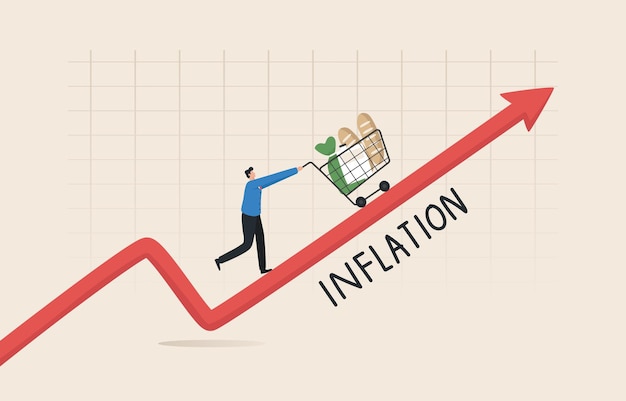 Food and Price Inflation Rises After Monetary Value Growth Ideas Financial problems and forecasting market crashes crisis risk The young man pushed the shopping cart along the rising arrow chart