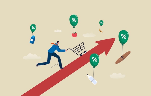 Vector food prices rising effect of the inflation rate on prices man pushing a shopping cart following the food price chart arrow illustration