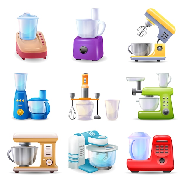 Food processor icons set cartoon vector. cook equipment. blender food processing