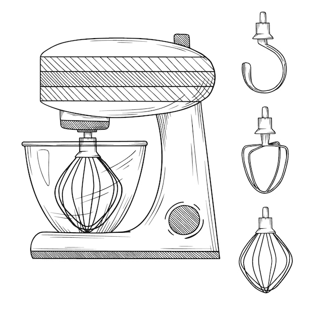 Food processor with different nozzles  on white background.  illustration in sketch style