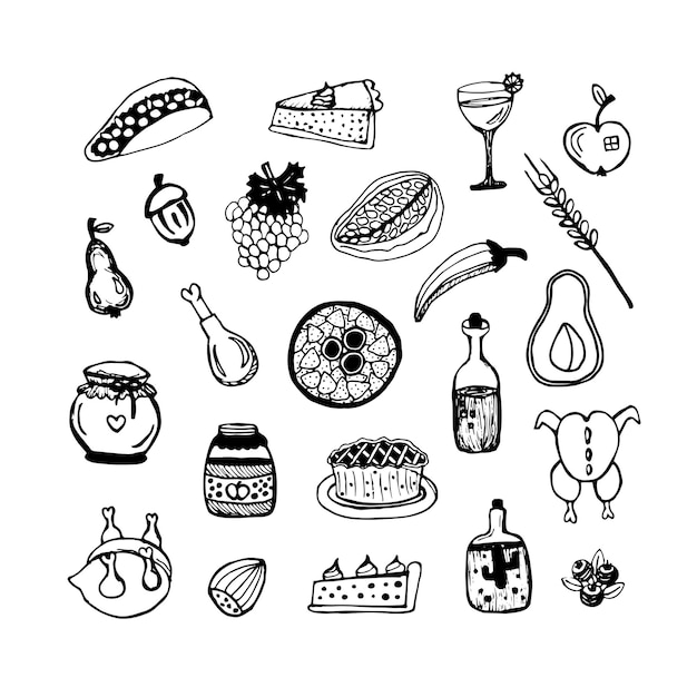 Food products, black and white doodle set