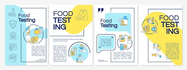 Modello di brochure blu e giallo per la valutazione dei prodotti alimentari esame di certificazione design del volantino con icone lineari 4 layout vettoriali per la presentazione dei rapporti annuali questrial latocaratteri regolari utilizzati