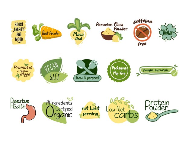 Вектор Наклейка качества продуктов питания, выделенная на белом наборе иконок