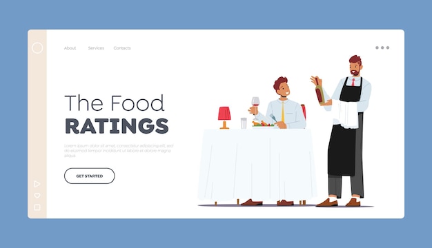 Vector food ratings landing page template young man sitting at table ordering food and wine in restaurant waiter bring bottle