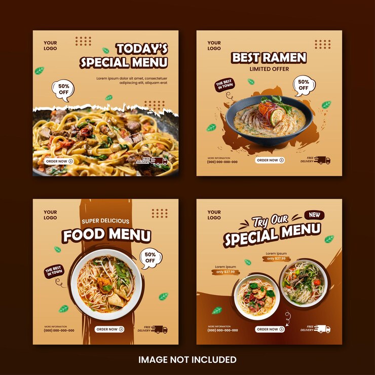 Vector 소셜 미디어 게시물 템플릿을 위한 푸드 레스토랑 신선한 맛있는 배너 번들 세트
