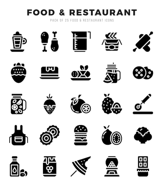 Food and Restaurant Glyph icons collection 25 icon set Vector illustration