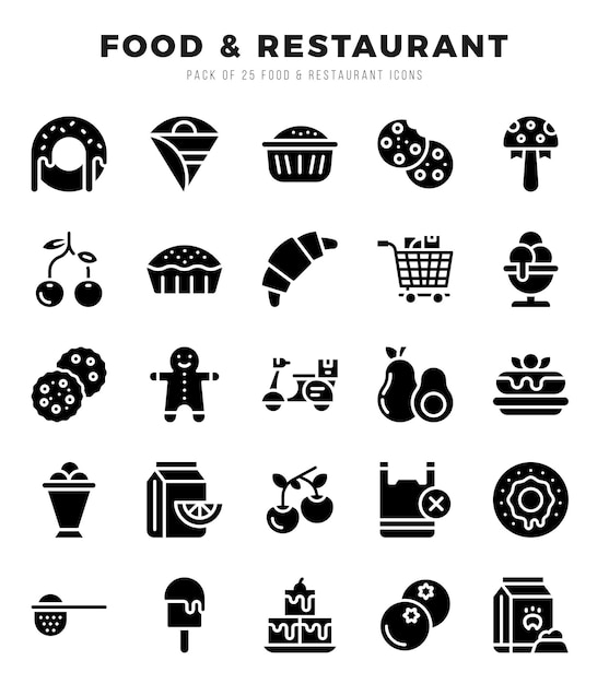 Vector food and restaurant icons pack glyph icons set glyph icon collection set