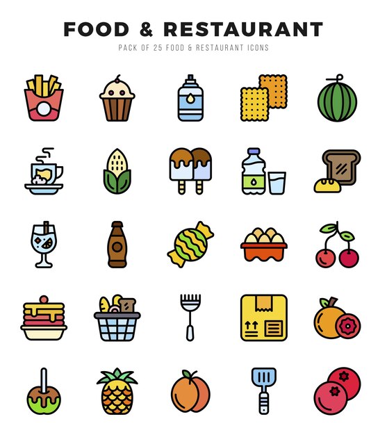 Food and Restaurant Icons Pack Lineal Color Style Vector illustration