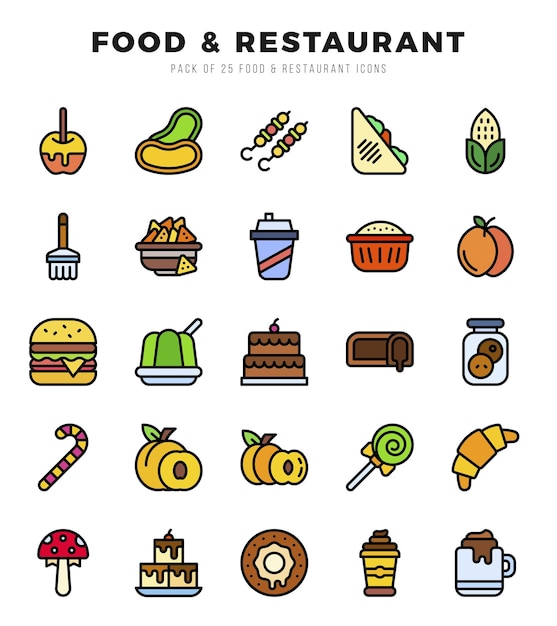 Пища и ресторан Линейная коллекция цветовых икон 25 наборов икон Векторная иллюстрация