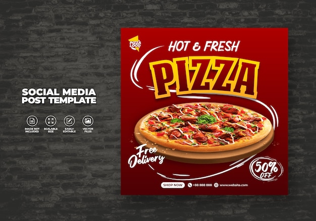 소셜 미디어 벡터 템플릿을위한 음식 레스토랑 메뉴 및 맛있는 피자