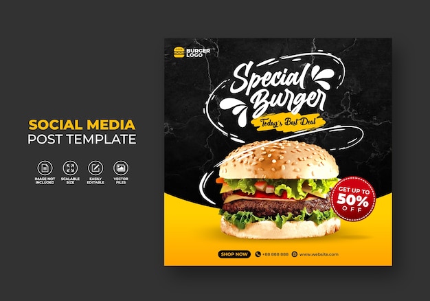 Food restaurant for social media template special burger menu promo