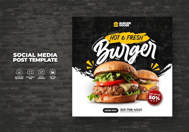 Food restaurant for social media template special super delicious burger menu promo