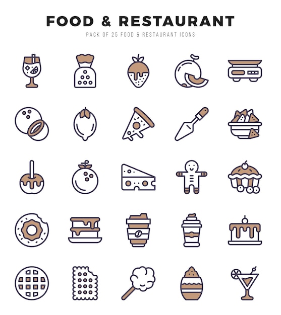 食品とレストラン 2色アイコンコレクション 2色アイコンのパック ベクトルイラスト