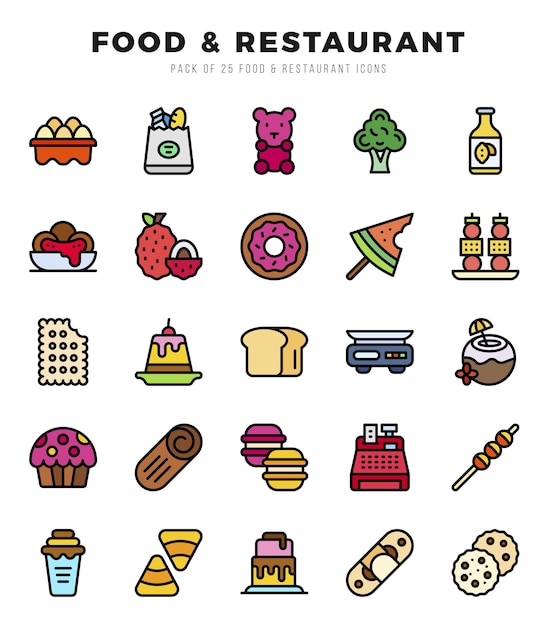 Vector food and restaurant web icons in lineal color style