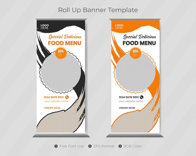 Vector food roll up banner template and restaurant menu design