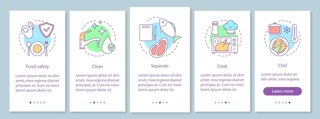 Modello di schermata della pagina dell'app mobile per l'onboarding della sicurezza alimentare. lavorazione, manipolazione, preparazione e conservazione degli alimenti. prevenzione delle malattie di origine alimentare. procedura dettagliata del sito web. ux, ui, interfaccia per smartphone gui