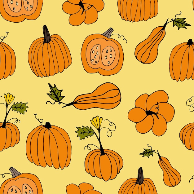 Food seamless pattern in line art and doodle style Print of pumpkins Thanksgiving and Halloween