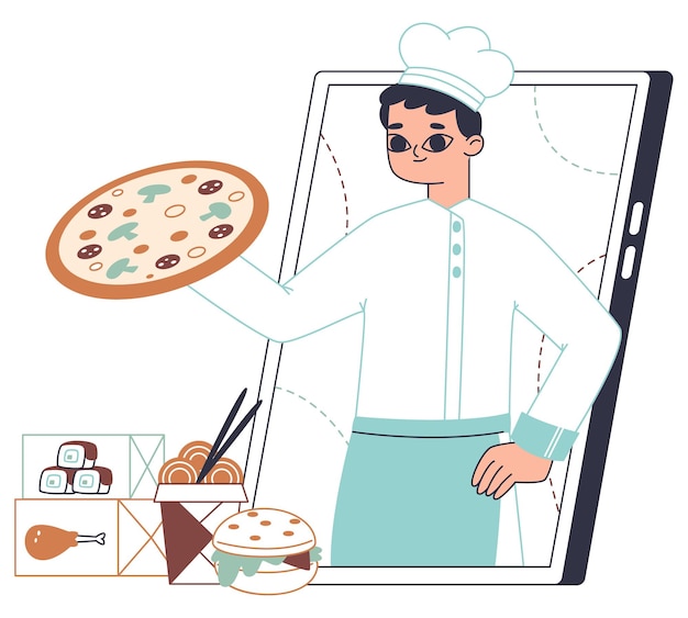 Food service online pizza delivery app man on gadget screen flat vector illustration on white