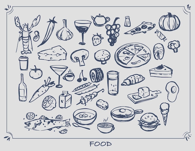 Food set doodle vector hand drawn illustrations