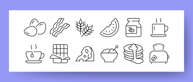 Food set icon Eggs bacon wheat watermelon fish oil coffee chocolate cheese pancake toast toaster rice porridge meals lunch Vector line icon for Business and Advertising