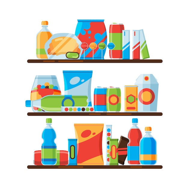 Vector food shelves. snack crisp cold soda drinks in plastic bottles crackers junk food promoting  illustrations