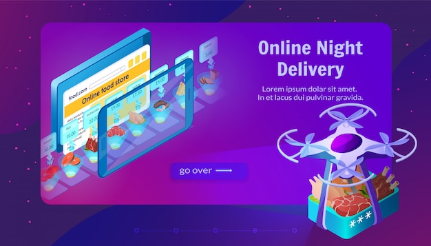 Food shipping by dron online night delivery.